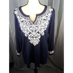 Women's Rebecca Malone Navy White Embroidered Tunic Top XL